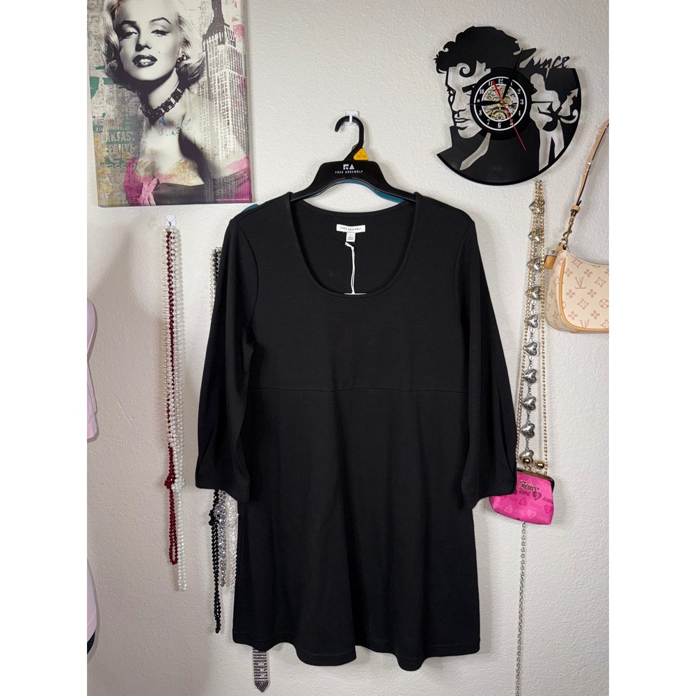 Free Assembly Womens Black Scoop Neck Mini Dress Long Sleeve Pockets L NWT